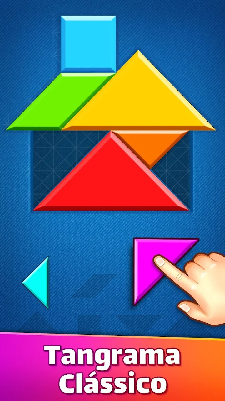 Sete peças de tangram por encaixar numa silhueta